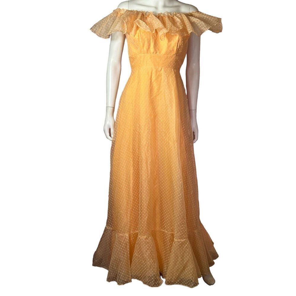 Vtg 1960s Orange Polka Dot Chiffon Ruffle Maxi Prairie Dress sz 10‎ - Picture 10 of 11
